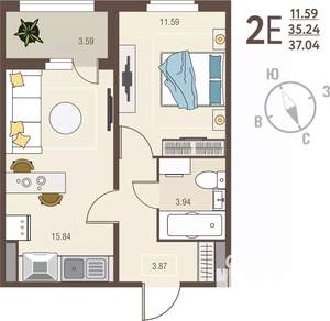 1-к квартира, вторичка, 37м2, 14/17 этаж