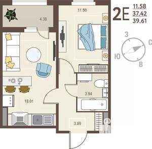 1-к квартира, вторичка, 40м2, 4/17 этаж