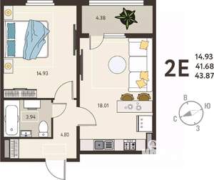 1-к квартира, вторичка, 44м2, 2/18 этаж