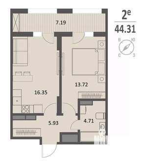 1-к квартира, строящийся дом, 44м2, 11/16 этаж