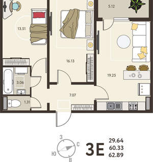 2-к квартира, вторичка, 63м2, 3/18 этаж