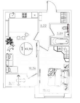 1-к квартира, вторичка, 46м2, 1/10 этаж