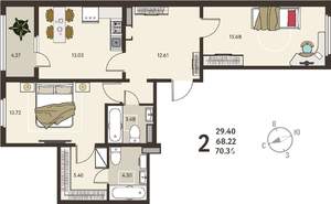 2-к квартира, вторичка, 70м2, 10/18 этаж