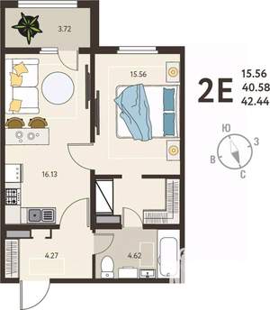 1-к квартира, вторичка, 42м2, 3/18 этаж