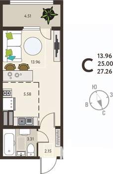 Студия квартира, вторичка, 27м2, 9/18 этаж