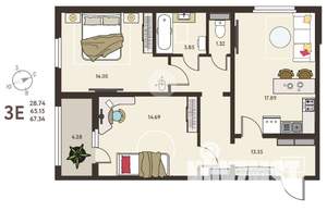 2-к квартира, вторичка, 67м2, 12/18 этаж