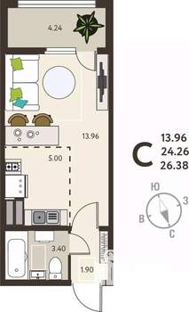 Студия квартира, вторичка, 26м2, 9/18 этаж
