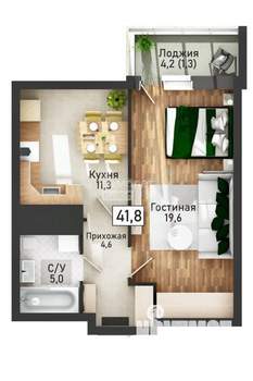 1-к квартира, вторичка, 42м2, 5/21 этаж