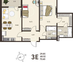 2-к квартира, вторичка, 71м2, 14/18 этаж