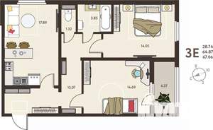 2-к квартира, вторичка, 67м2, 2/18 этаж