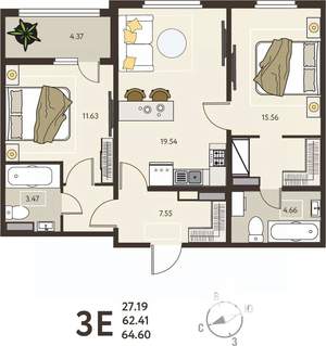 2-к квартира, вторичка, 65м2, 17/18 этаж
