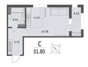 Студия квартира, строящийся дом, 32м2, 7/16 этаж