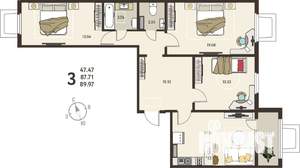 2-к квартира, вторичка, 71м2, 1/18 этаж