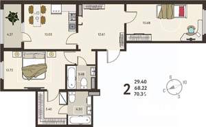 2-к квартира, вторичка, 70м2, 14/18 этаж