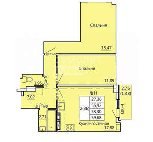 2-к квартира, вторичка, 60м2, 2/10 этаж