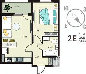 1-к квартира, вторичка, 39м2, 2/18 этаж