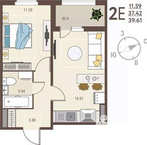 1-к квартира, вторичка, 40м2, 6/17 этаж
