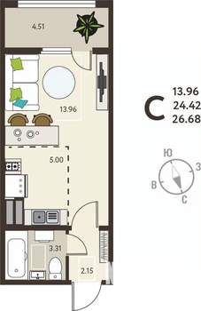 Студия квартира, вторичка, 27м2, 17/18 этаж