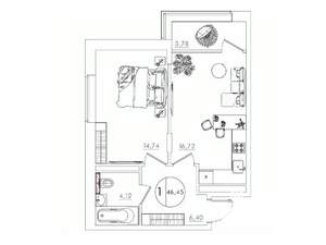 1-к квартира, вторичка, 46м2, 3/10 этаж