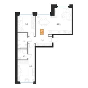 2-к квартира, вторичка, 72м2, 8/16 этаж