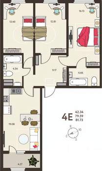 3-к квартира, вторичка, 82м2, 6/18 этаж