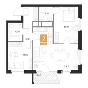 2-к квартира, вторичка, 61м2, 6/9 этаж