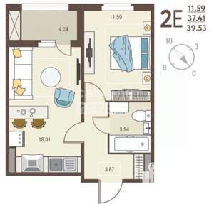 2-к квартира, вторичка, 40м2, 9/17 этаж