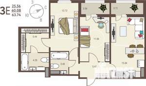 2-к квартира, вторичка, 64м2, 3/17 этаж