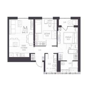 2-к квартира, вторичка, 64м2, 7/12 этаж