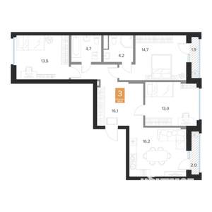 3-к квартира, вторичка, 84м2, 4/16 этаж