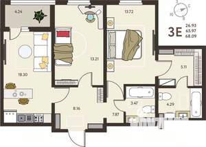 2-к квартира, вторичка, 68м2, 7/18 этаж