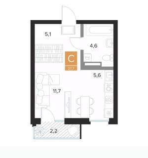 1-к квартира, вторичка, 28м2, 6/7 этаж