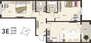 2-к квартира, вторичка, 66м2, 9/18 этаж