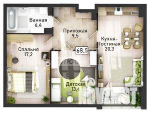 1-к квартира, вторичка, 68м2, 17/21 этаж