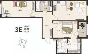 2-к квартира, вторичка, 71м2, 3/18 этаж