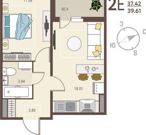1-к квартира, вторичка, 40м2, 4/17 этаж
