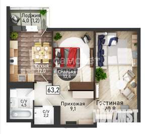 2-к квартира, вторичка, 63м2, 9/21 этаж