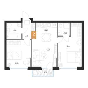 2-к квартира, вторичка, 59м2, 6/16 этаж