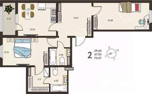 2-к квартира, вторичка, 70м2, 12/18 этаж