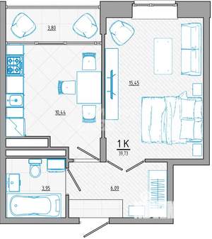 1-к квартира, вторичка, 43м2, 6/9 этаж