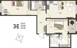 2-к квартира, вторичка, 71м2, 13/18 этаж