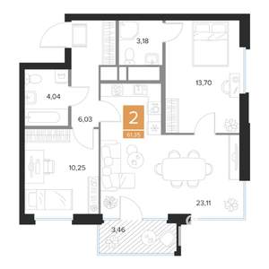 2-к квартира, вторичка, 61м2, 3/9 этаж