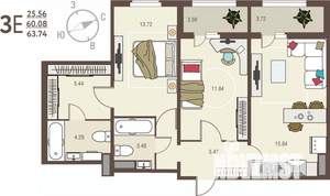 2-к квартира, вторичка, 64м2, 4/17 этаж