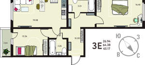 2-к квартира, вторичка, 65м2, 16/18 этаж