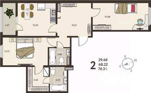 2-к квартира, вторичка, 70м2, 9/18 этаж