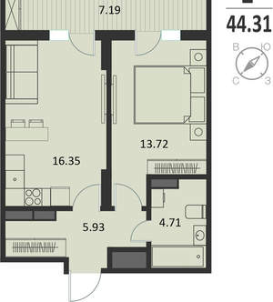 1-к квартира, вторичка, 44м2, 13/16 этаж