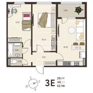 2-к квартира, вторичка, 63м2, 2/18 этаж