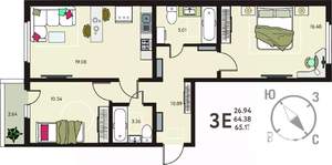 2-к квартира, вторичка, 65м2, 8/17 этаж