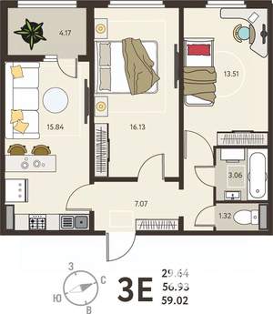2-к квартира, вторичка, 59м2, 10/18 этаж