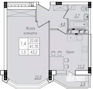 1-к квартира, вторичка, 43м2, 6/10 этаж